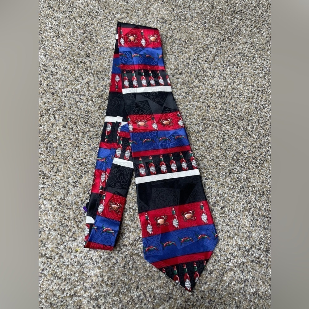 Vintage Tabasco Hot Sauce Mens Neck Tie 100% Silk Made in USA Red Blue